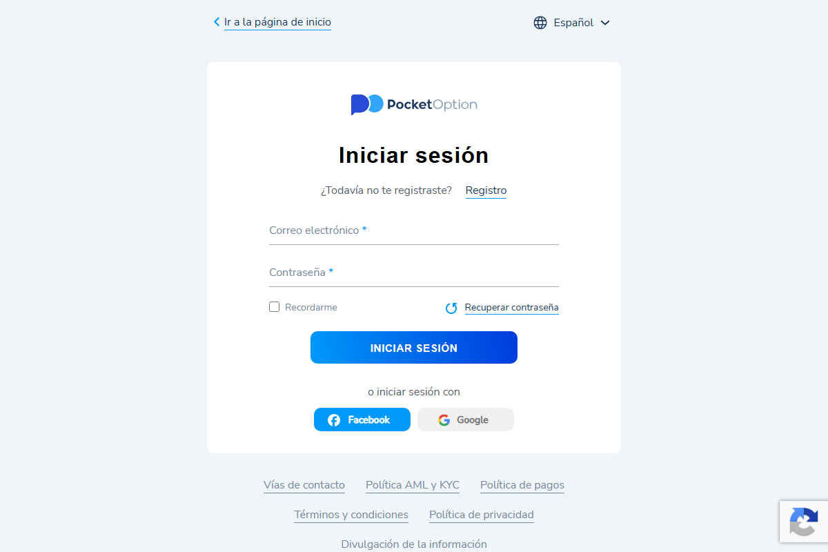Formulario de inicio de sesión de Pocket Option en español con correo, contraseña, recuperación, Google y Facebook