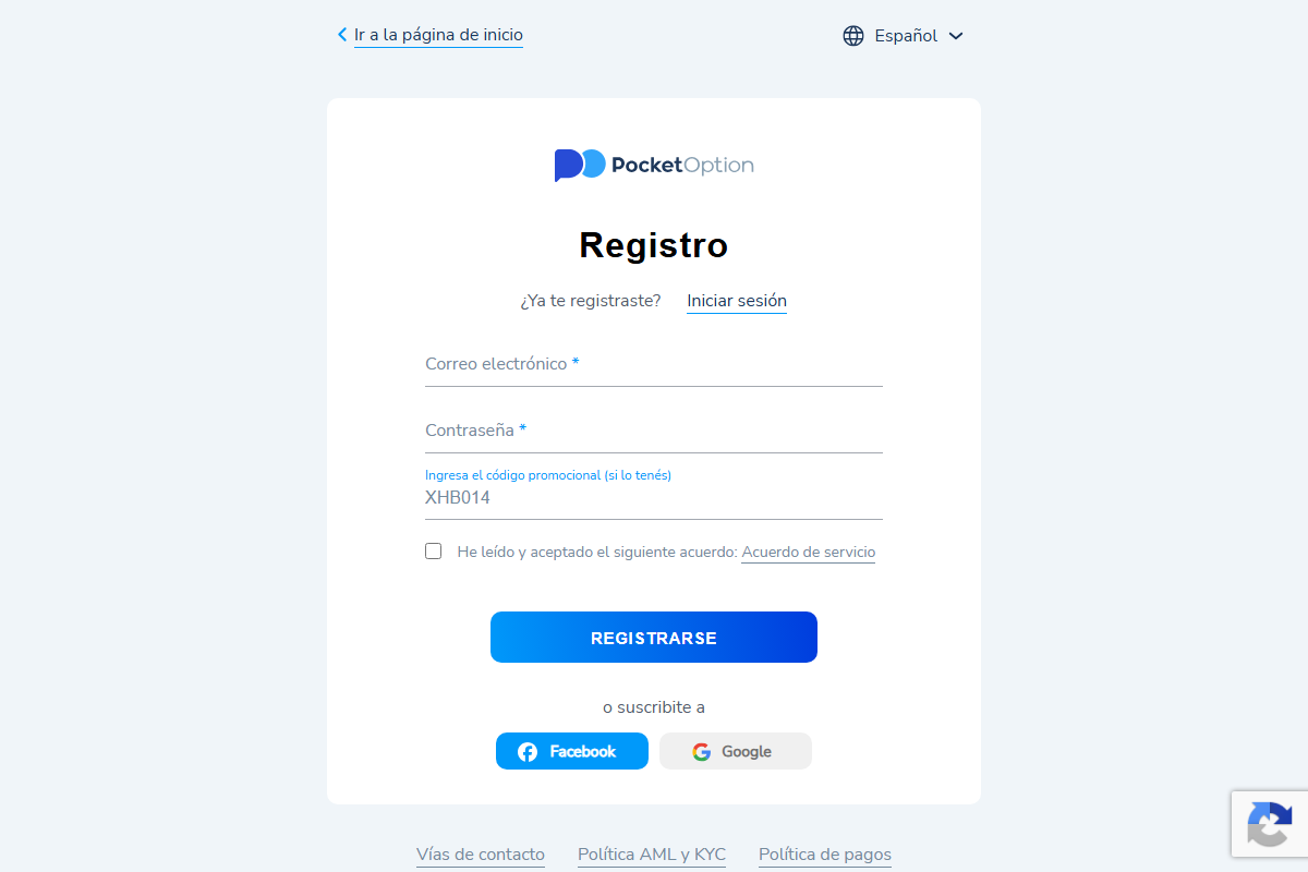 Formulario de registro de Pocket Option en español con el código promocional XHB014