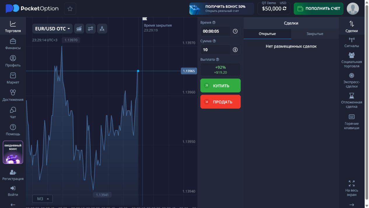 Демо-счёт Pocket Option с виртуальным балансом 50 000 долларов