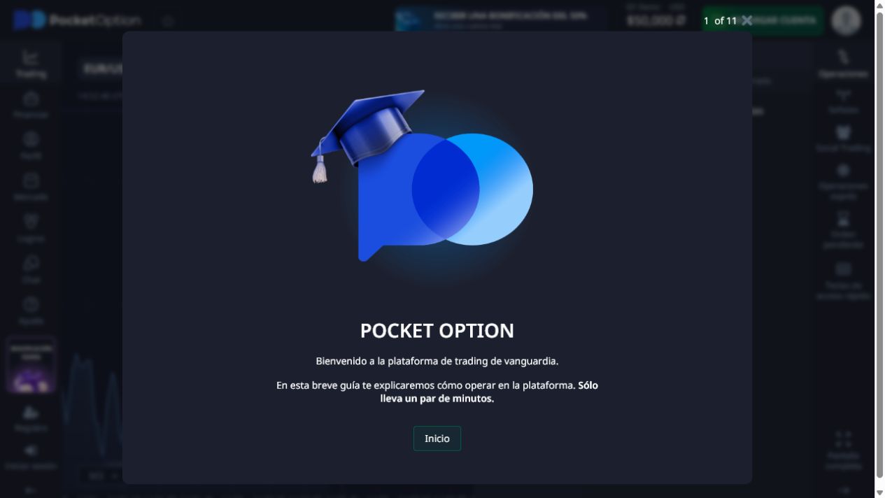 Interfaz pública de la cuenta demo de Pocket Option en español con tutorial inicial