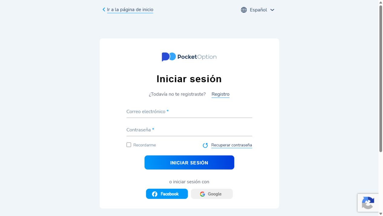 Formulario de inicio de sesión de Pocket Option en español con correo, contraseña, recuperación, Google y Facebook
