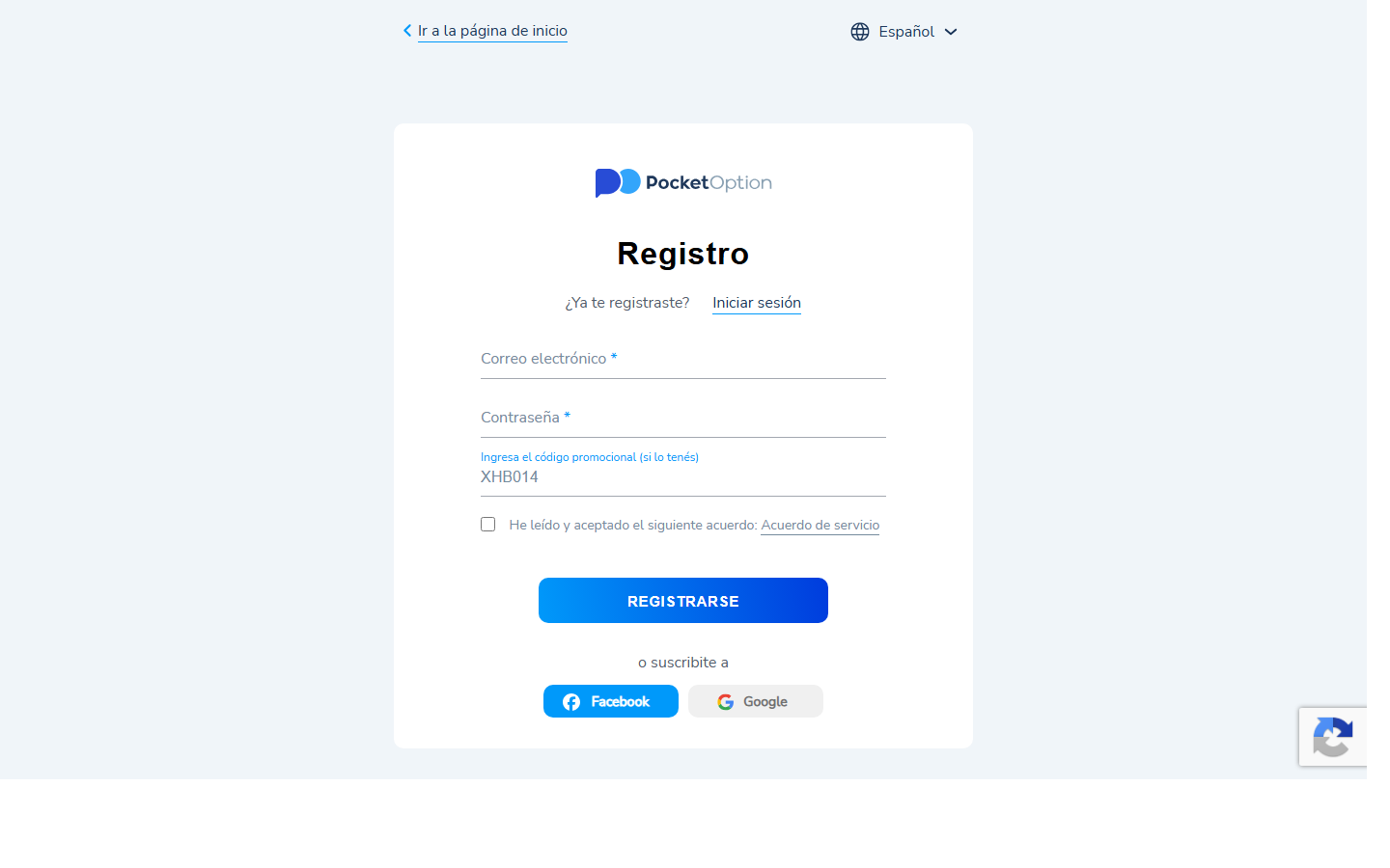 Formulario de registro de Pocket Option en español con el código XHB014