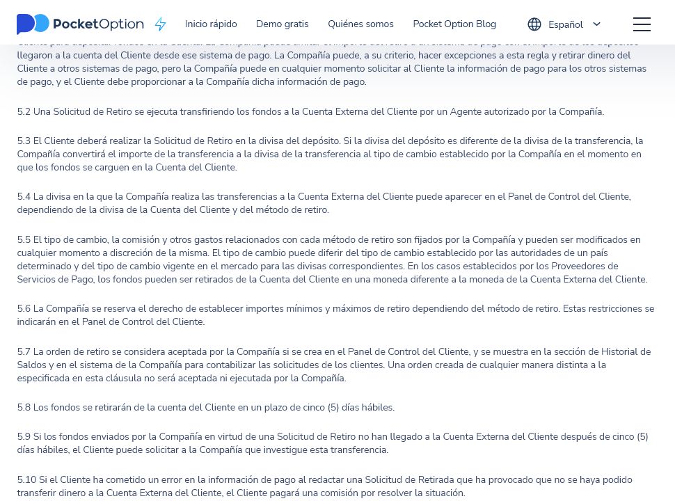 Puntos 5.6 a 5.10 de la política de pagos de Pocket Option sobre límites y plazos de retiro