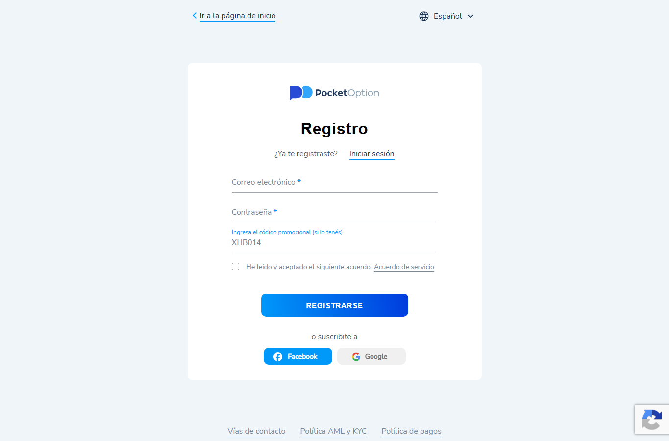 Formulario de registro de Pocket Option en español con el código promocional XHB014 cargado