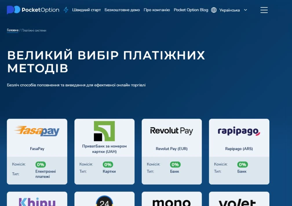 Публічні способи поповнення Pocket Option українською, серед яких ПриватБанк за номером картки в UAH